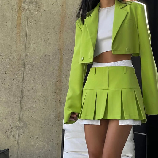 Echoine New Double-Breasted Turn Down Collar Short Blazer Jacket Pleated Mini Skirt Two Piece Set Women Fashion Matching Set