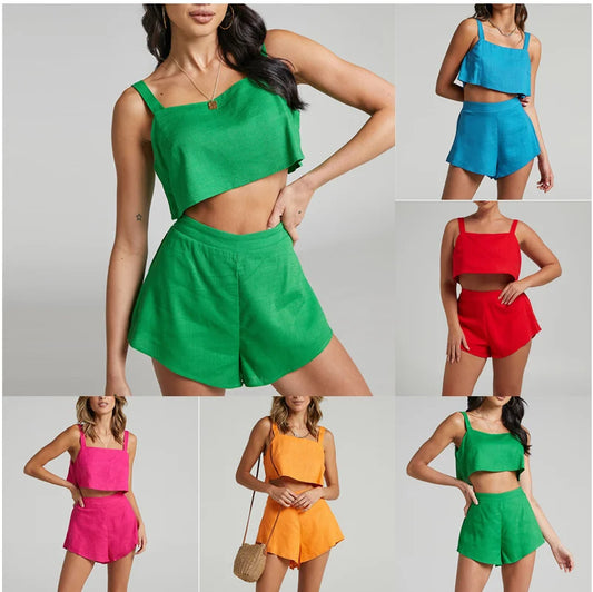Summer Breathable Two-Piece Suit Women Camisole Shorts Set Crop Tank Top And Shorts Sports Set Female Solid Color Fashion Casua