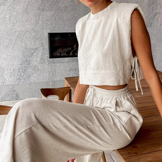 Cotton Linen Pants Sets Khaki Summer Women 2 Piece 2024 Fashion Lace-Up Crop Tops Vacation Elastic Waist Loose Long Pants Suits